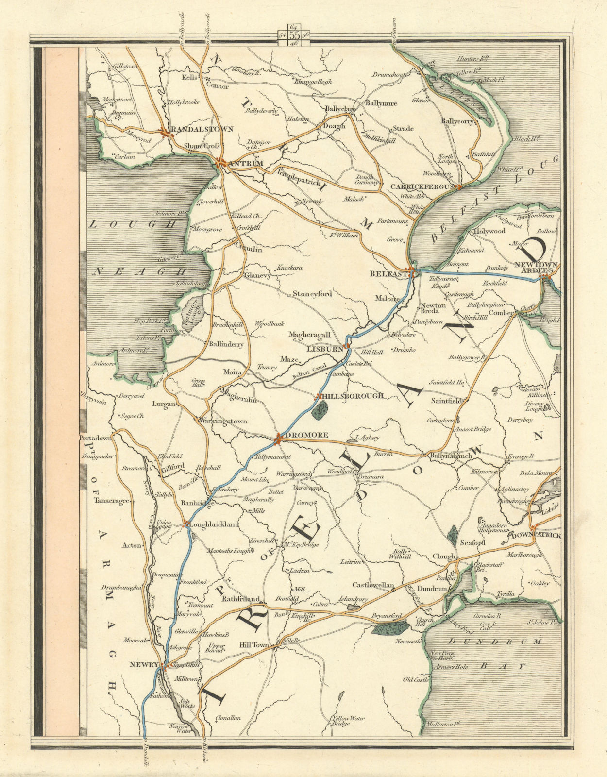 ULSTER. Northern Ireland. Belfast Downpatrick Strangford Loch. CARY 1824 map