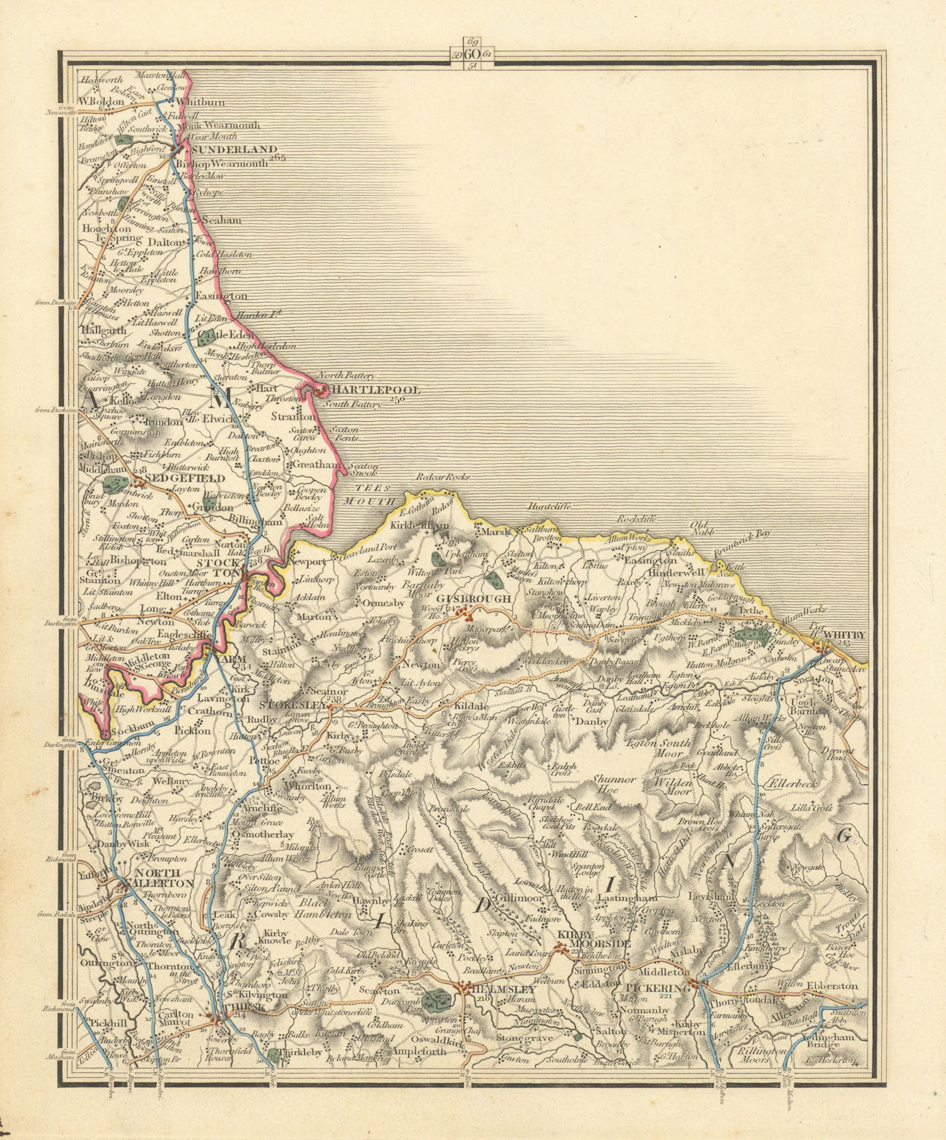 NORTH YORK MOORS & TEESIDE. Sunderland Hartlepool Whitby Thirsk. CARY 1824 map