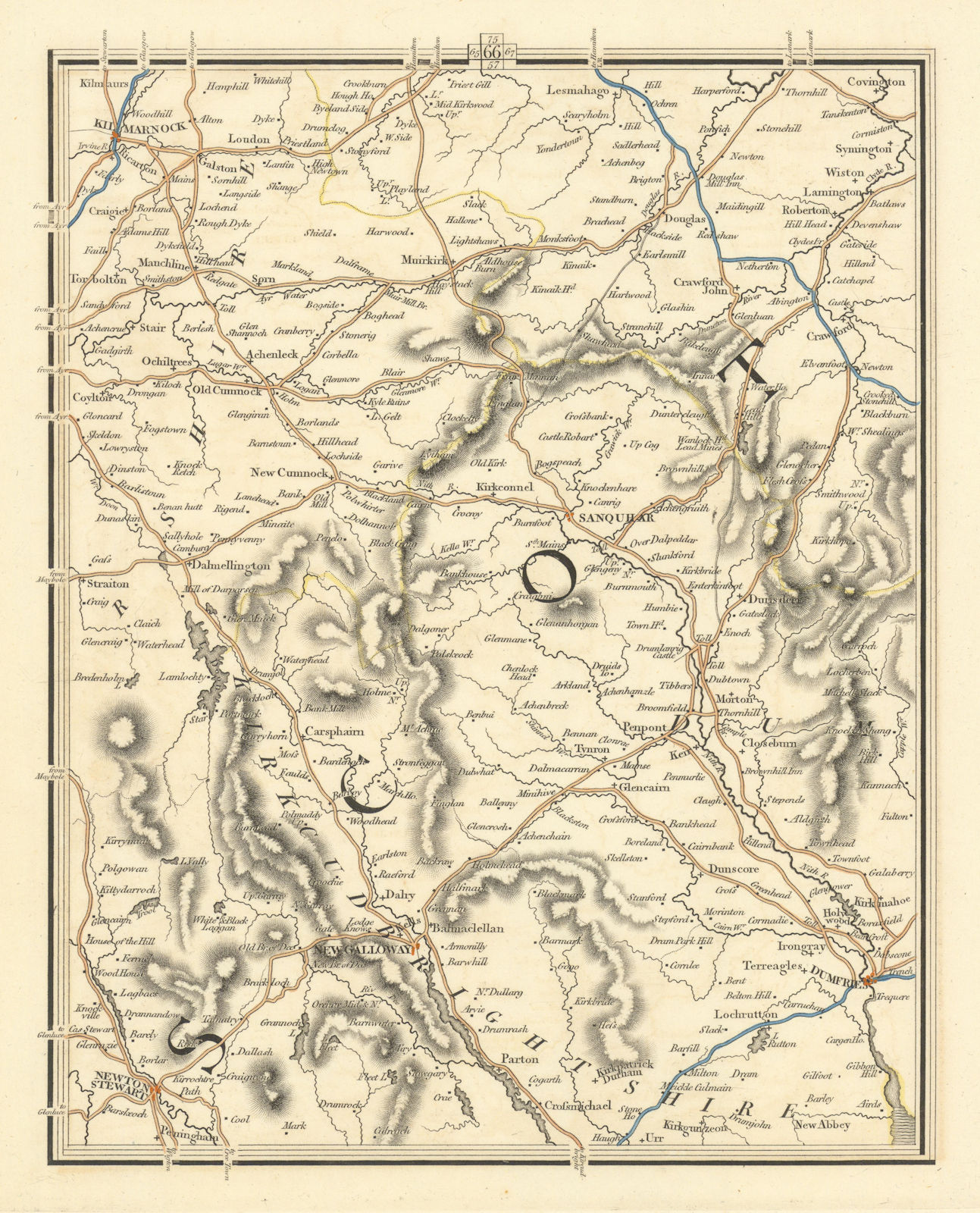 DUMFRIES/GALLOWAY.Kirkcudbrightshire Ayrshire Lanarkshire Sanquhar.CARY 1824 map