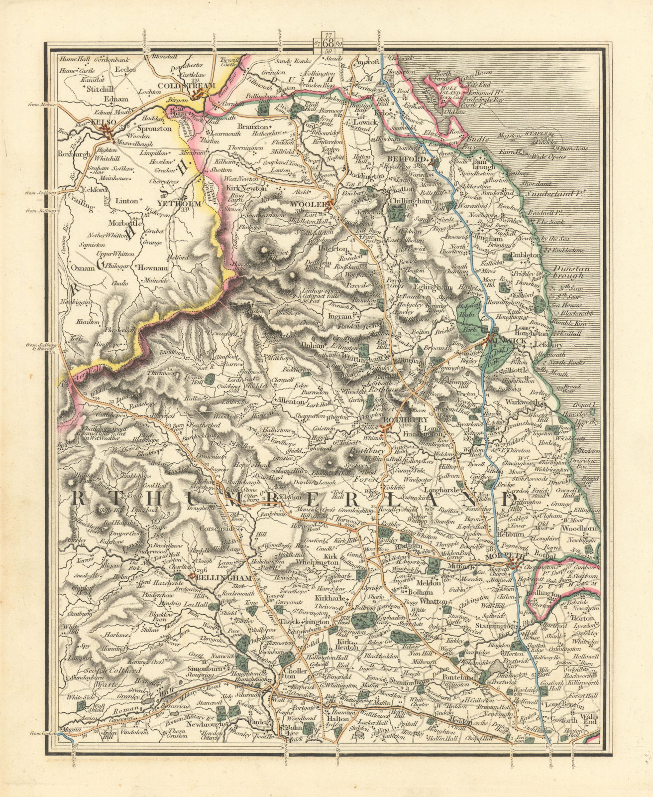 NORTHUMBERLAND. Coldstream Kelso Alnwick Morpeth Bellingham. CARY 1824 map