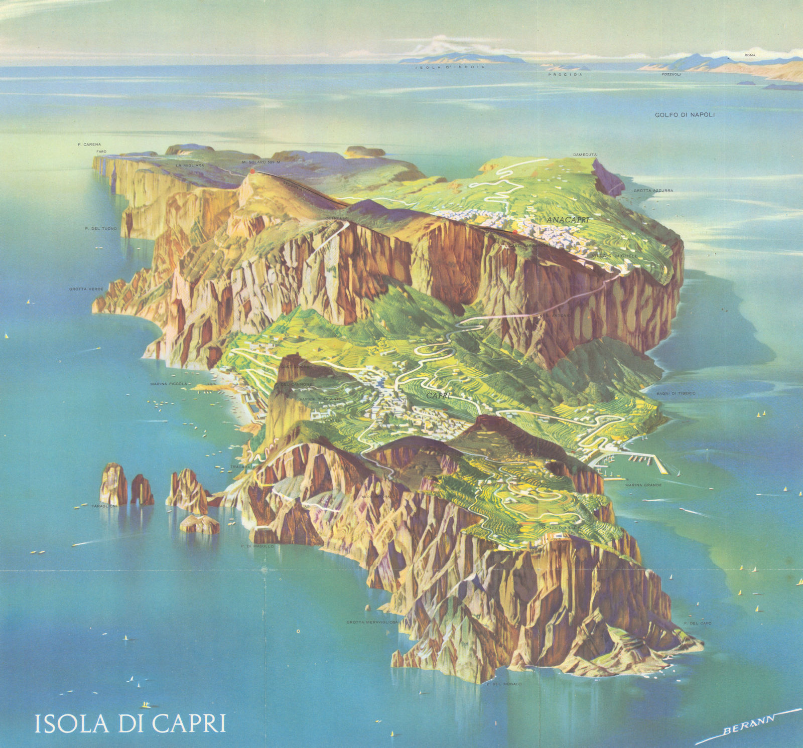 Isola di Capri panoramic bird's eye view tourist map by Heinrich Berann c1950