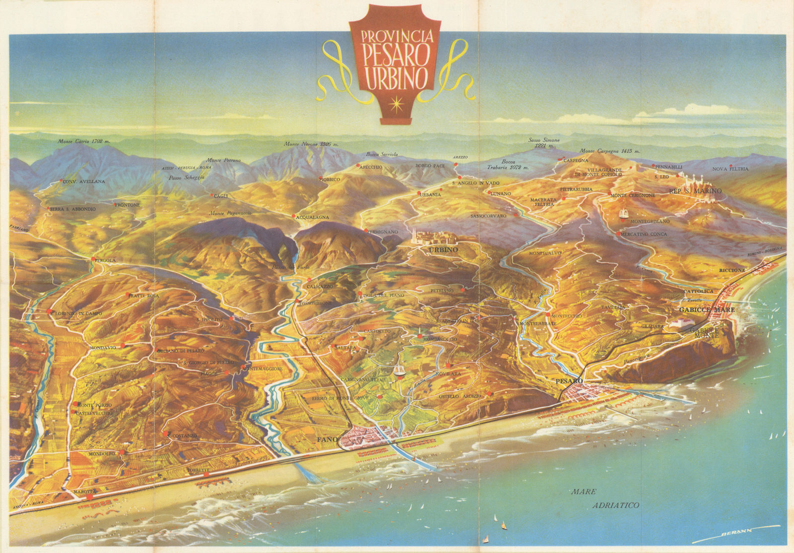 Fano. Provincia Pesaro Urbino panoramic tourist map by Heinrich Berann 1955