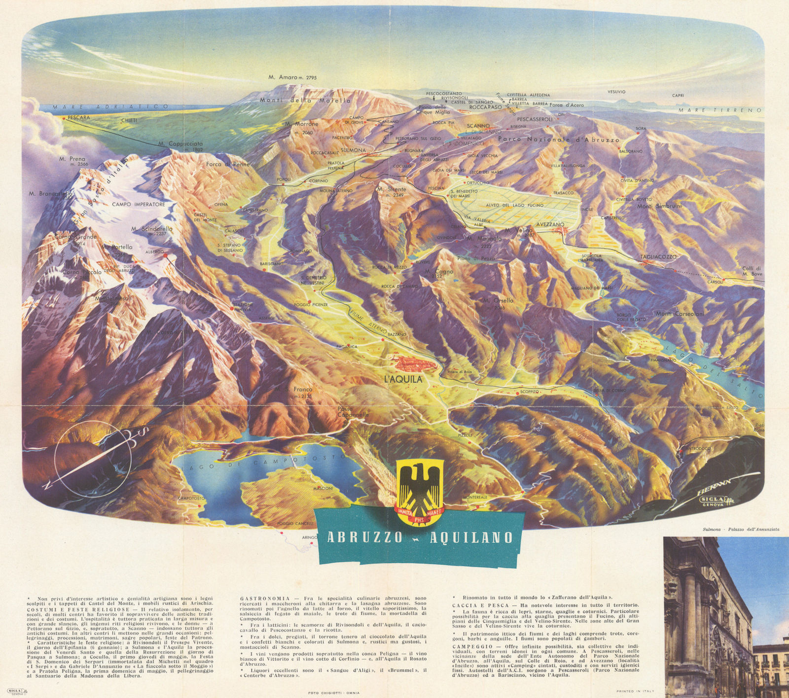 L'Aquila. Abruzzo - Aquilano panoramic tourist map by Heinrich Berann c1955