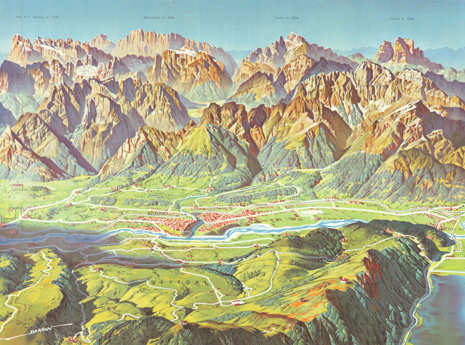 Belluno & Nevegal panoramic tourist bird's eye view map by Heinrich Berann 1961