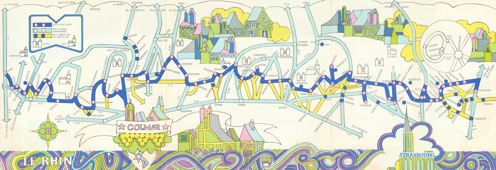 La route du vin d'Alsace. Colourful folding wine tourism map. CIVA c1970