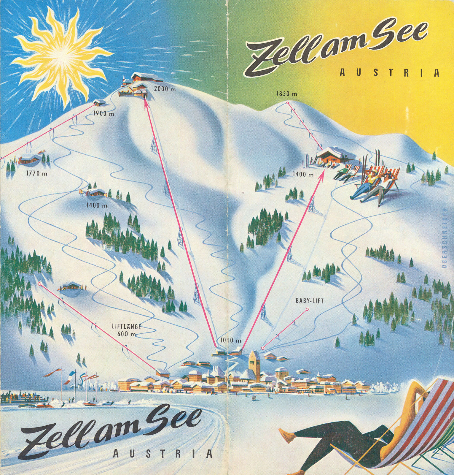 Zell am See, Austria. Folding tourist ski piste/trail map. Oberschneider c1958