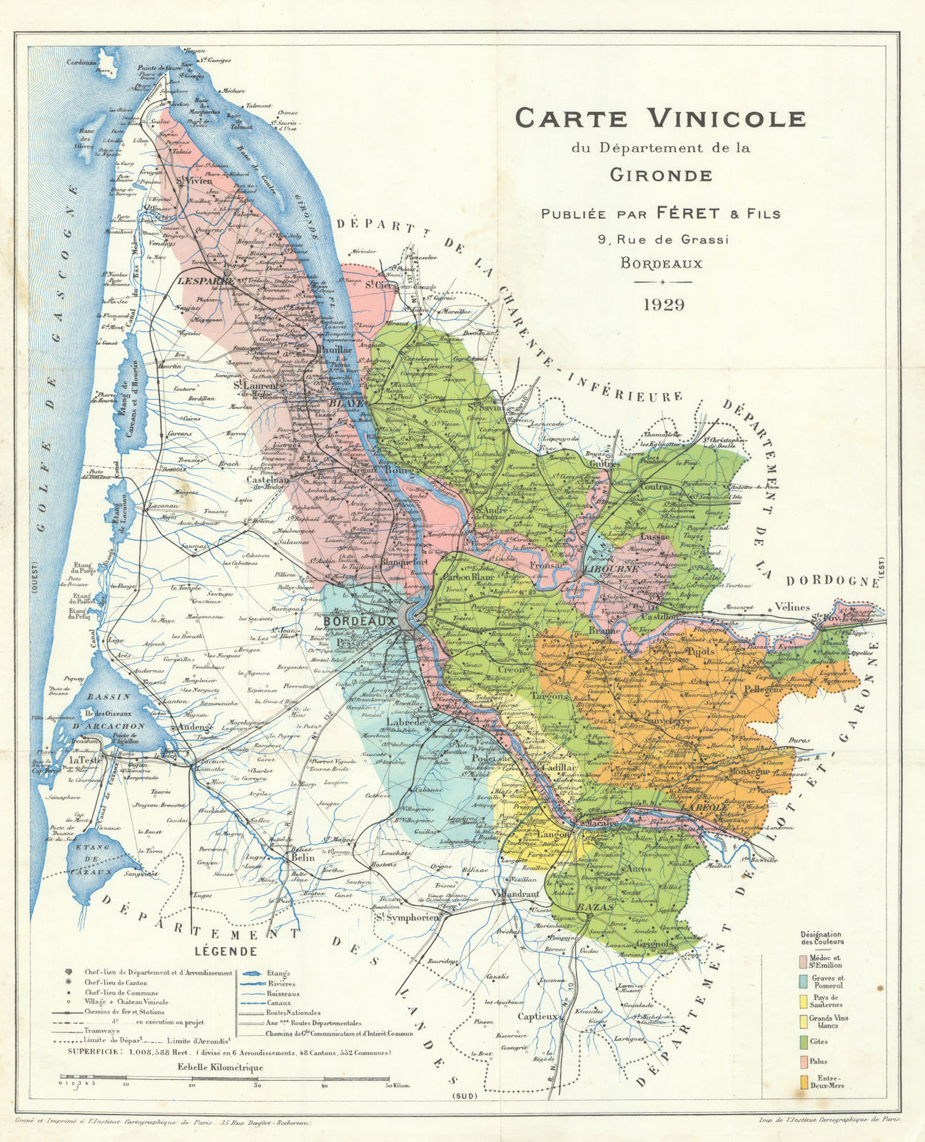 Carte Vinicole du Département de la Gironde. Bordeaux Wine. FERET 1929 old map