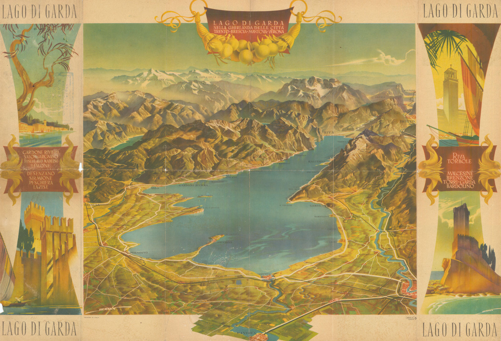 Lake/Lago di Garda panoramic bird's eye view tourist map. Heinrich Berann c1954