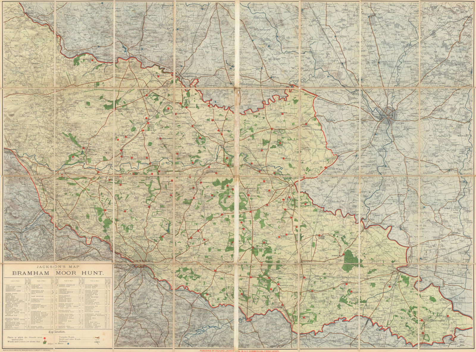 Jackson's Map of the Bramham Moor Hunt showing meets. Yorkshire. 94x70cm c1896