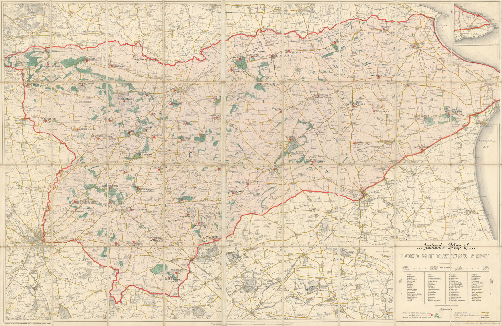 Jackson's Map of Lord Middleton's Hunt showing meets. Yorkshire. 106x68cm c1896