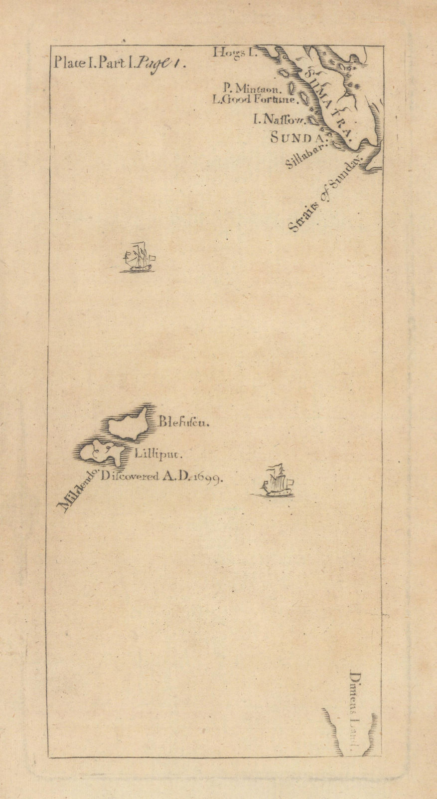 Lilliput & Blefuscu by Jonathan Swift. Gulliver's Travels. Indian Ocean 1751 map