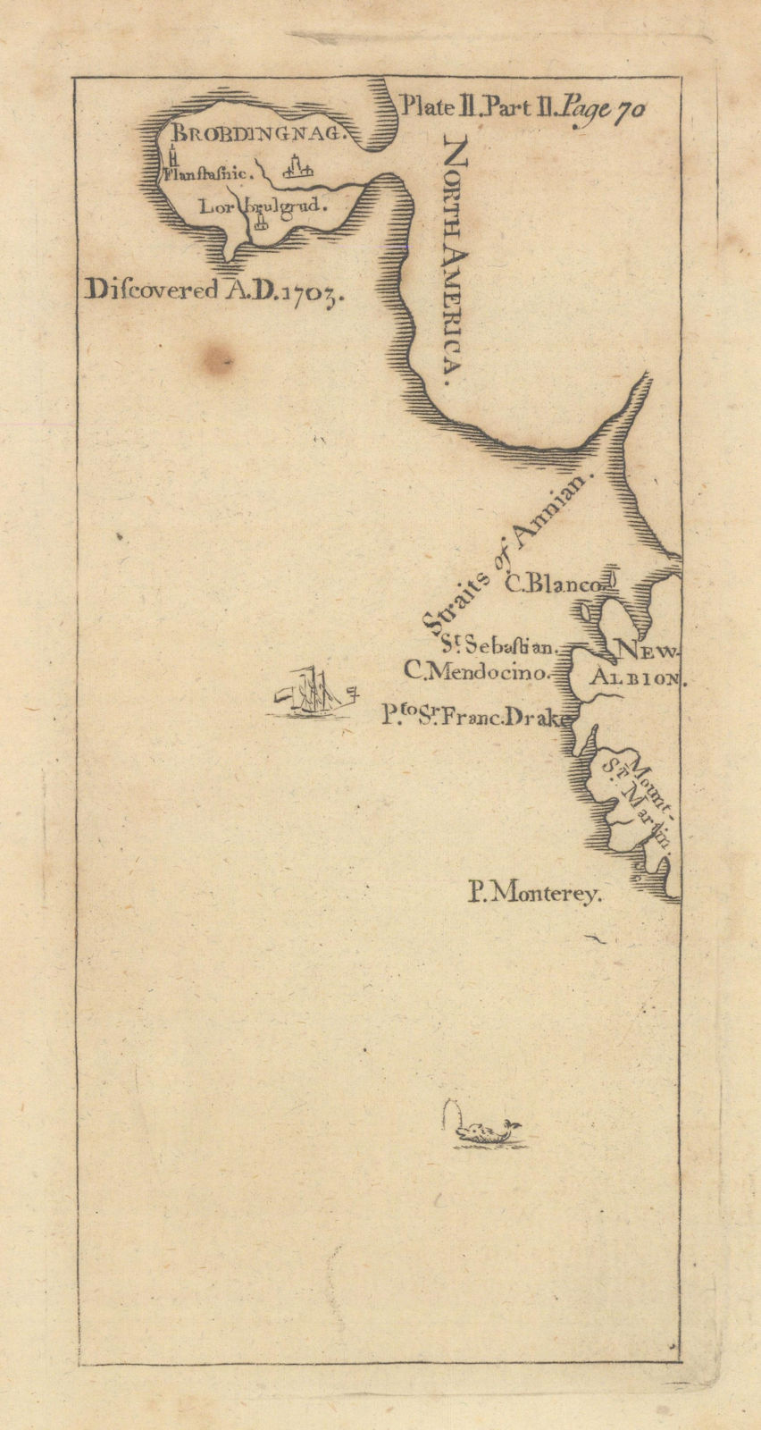 Brobdingnag by Jonathan Swift. Gulliver's Travels. California Canada 1751 map