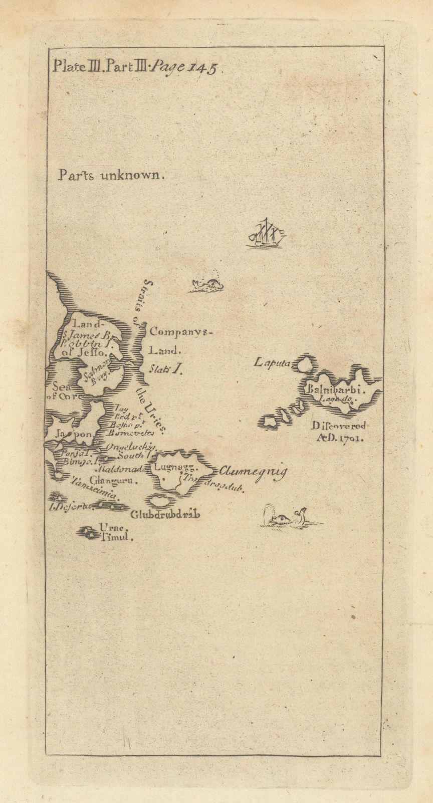 Laputa, Balnibarbi, Luggnagg, Glubbdubdrib & Japan. Gulliver's Travels 1751 map