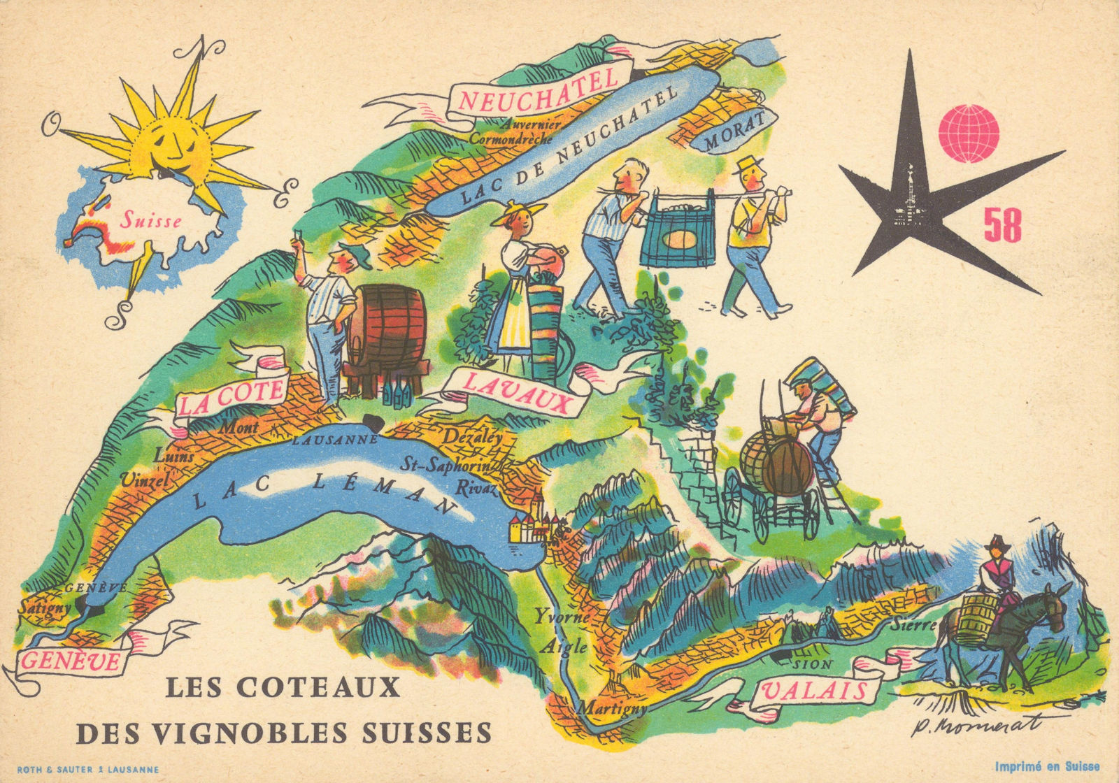 Coteaux des Vignobles Suisses. Swiss wine map. Valais Côte Lavaux. For Expo 1958