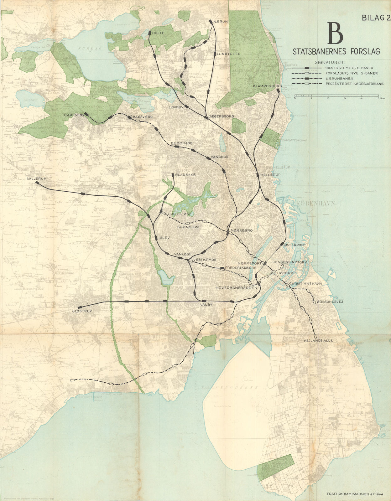 Kobenhavn/Copenhagen Statsbanernes Forslag S-tog actual/planned lines c1953 map