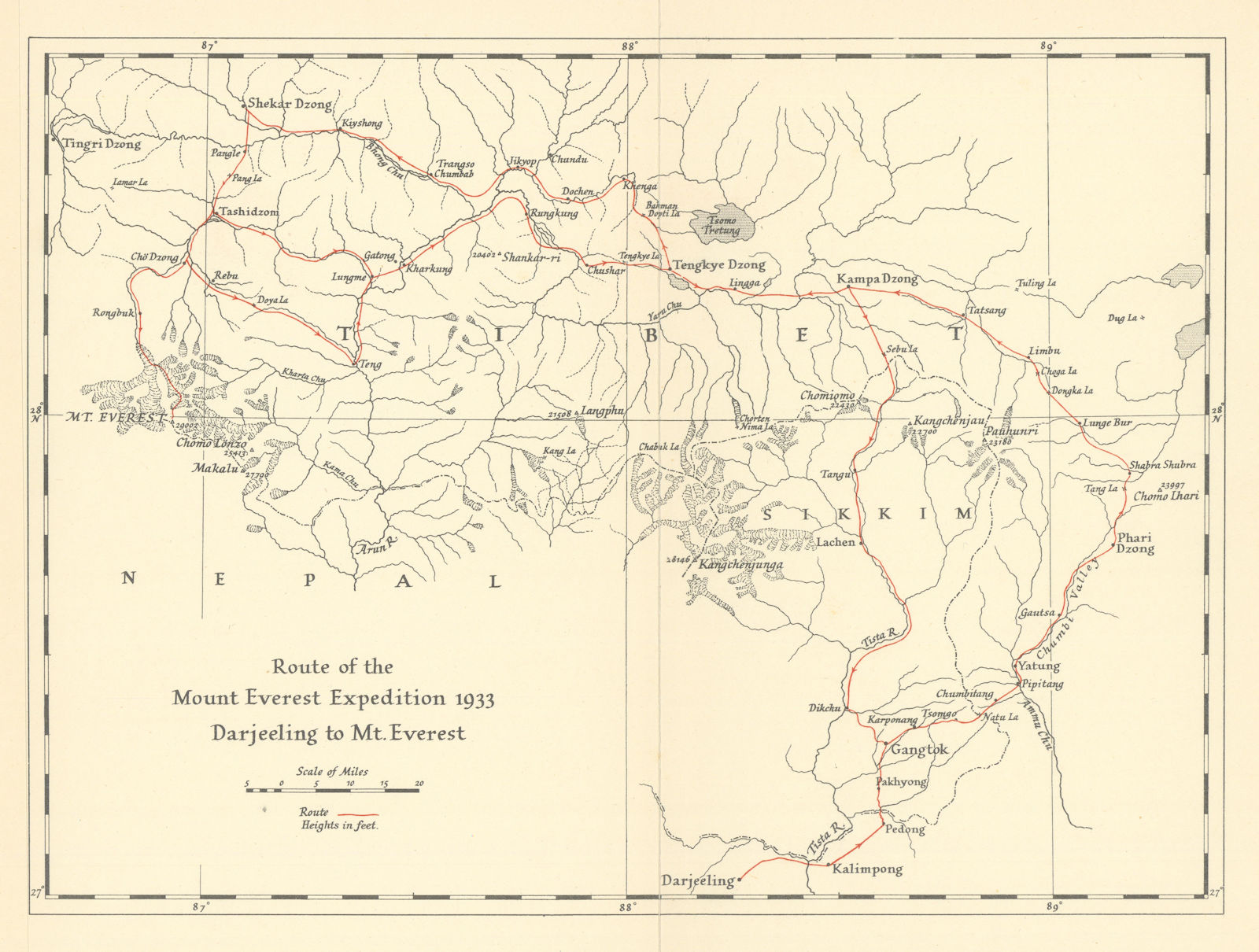 Route of the 1933 Mount Everest Expedition - Darjeeling to Mt. Everest 1934 map