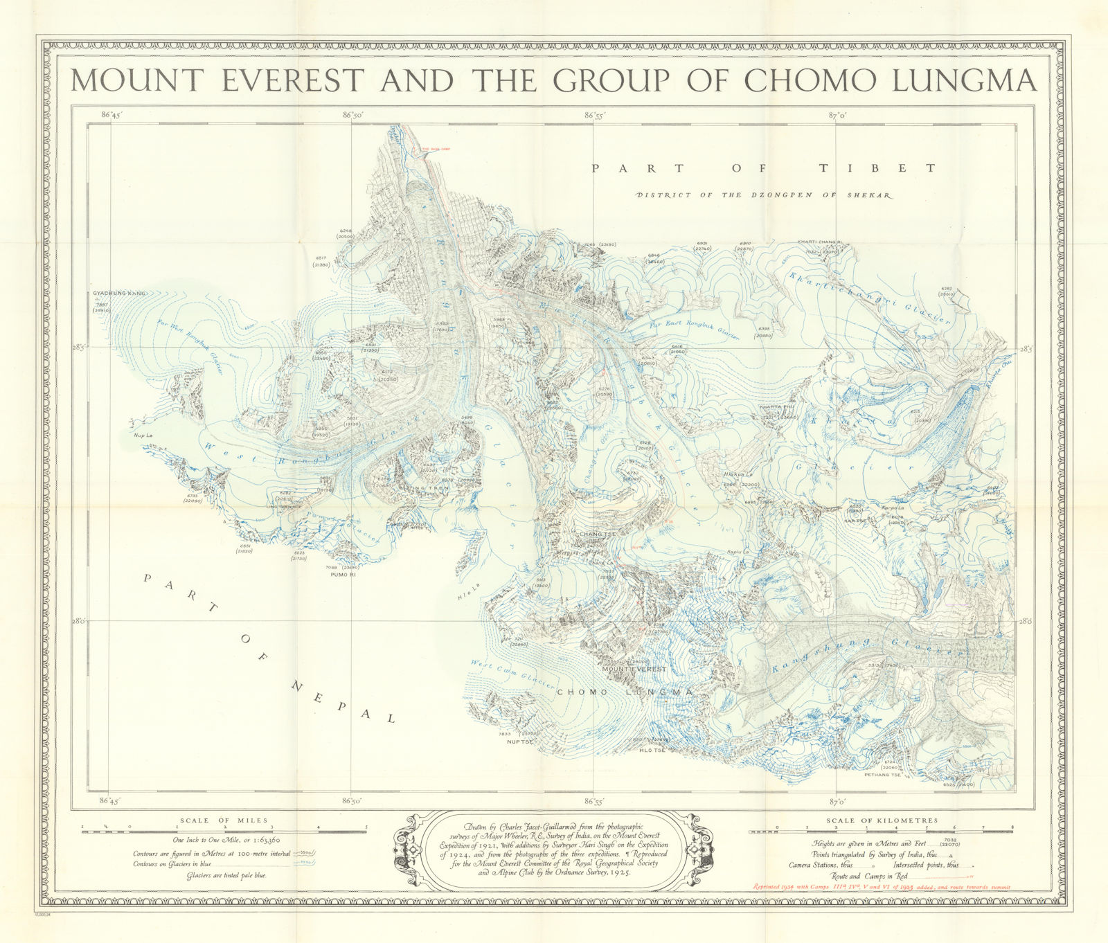 Mount Everest and the Group of Chomo Lungma. 1933 Expedition map 1934 old