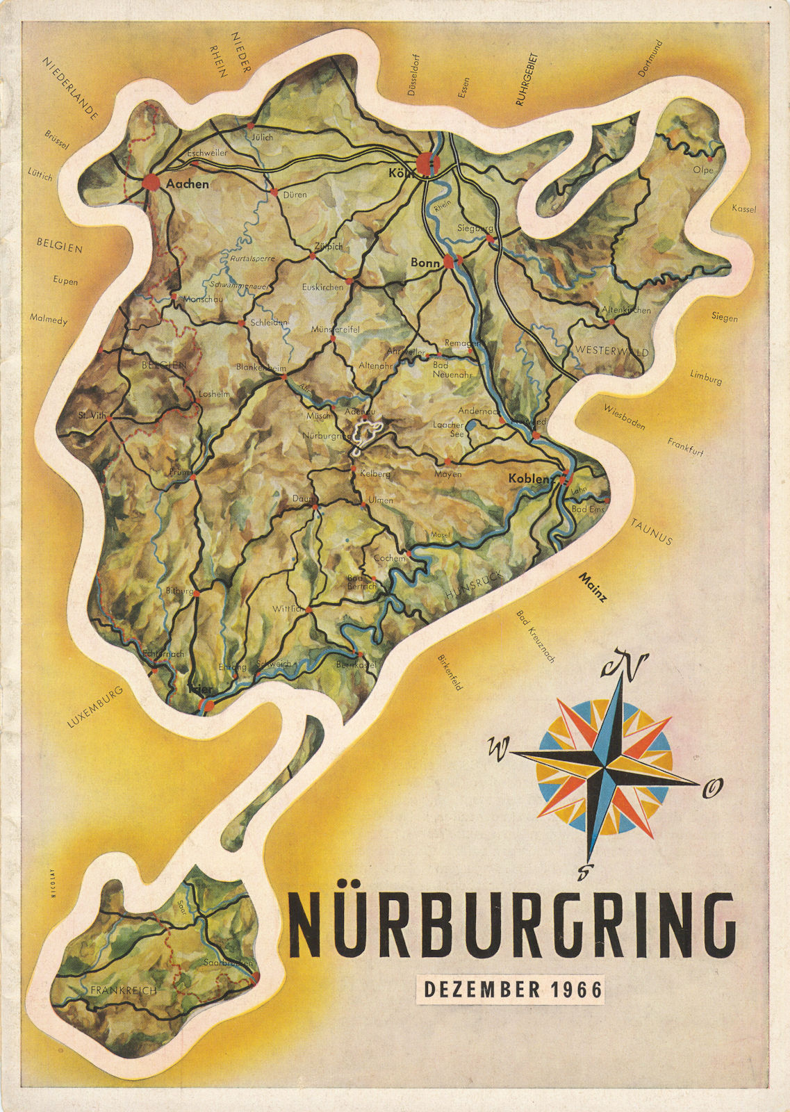 Nürburgring motorsport automotive racing circuit map. Germany. Dezember 1966