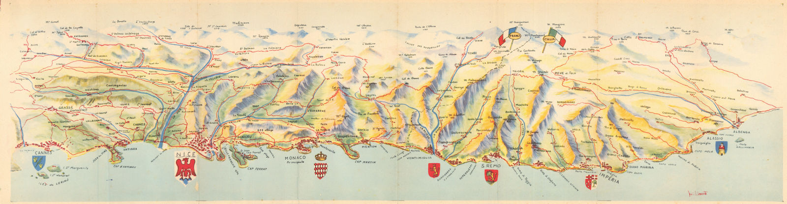 Côte d'Azur & Riviera dei Fiori panorama. Cannes-Nice-Monaco-Alassio 1957 map