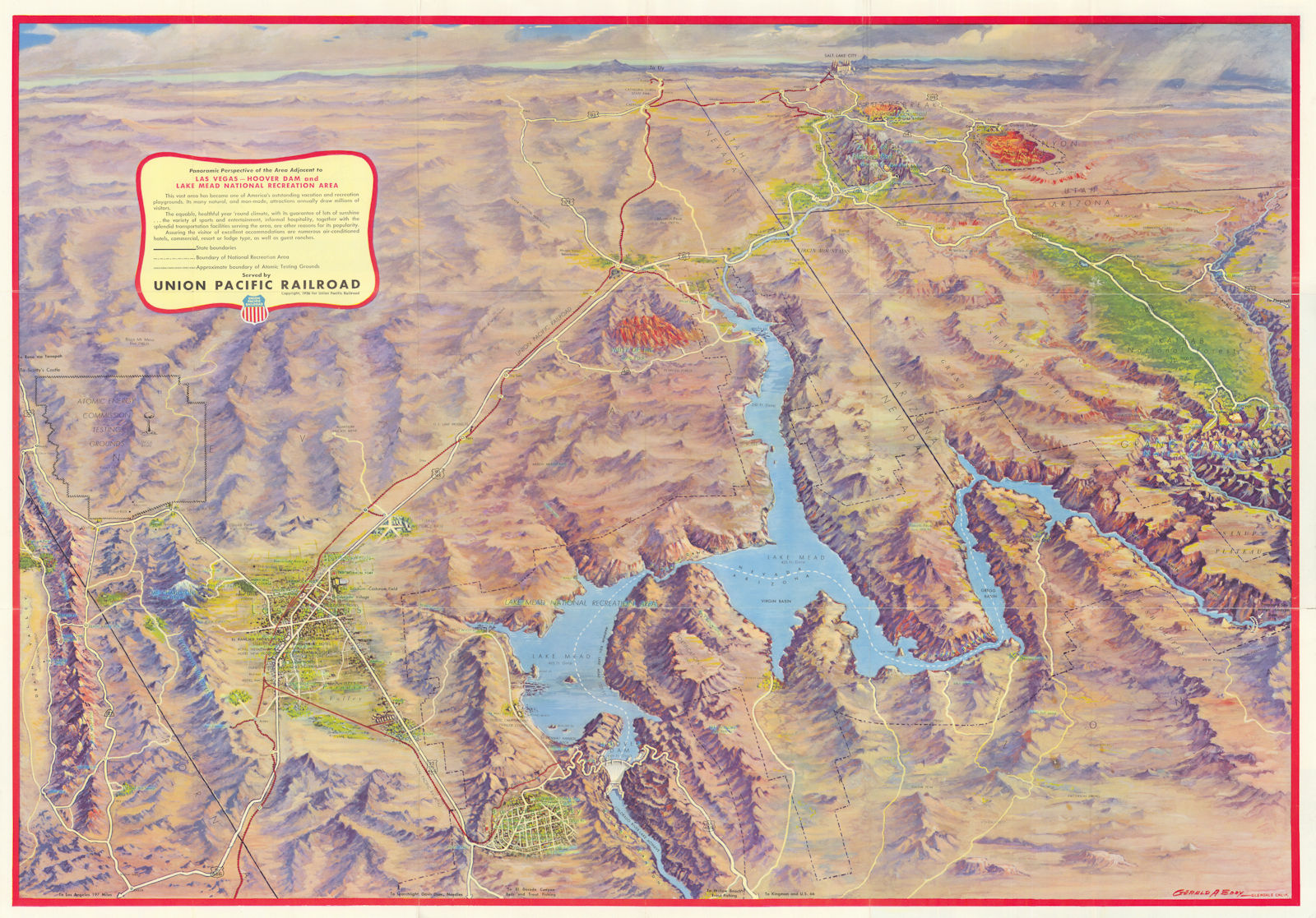 Las Vegas Hoover Dam & Lake Mead panoramic map. Nevada Atomic Test Site 1956