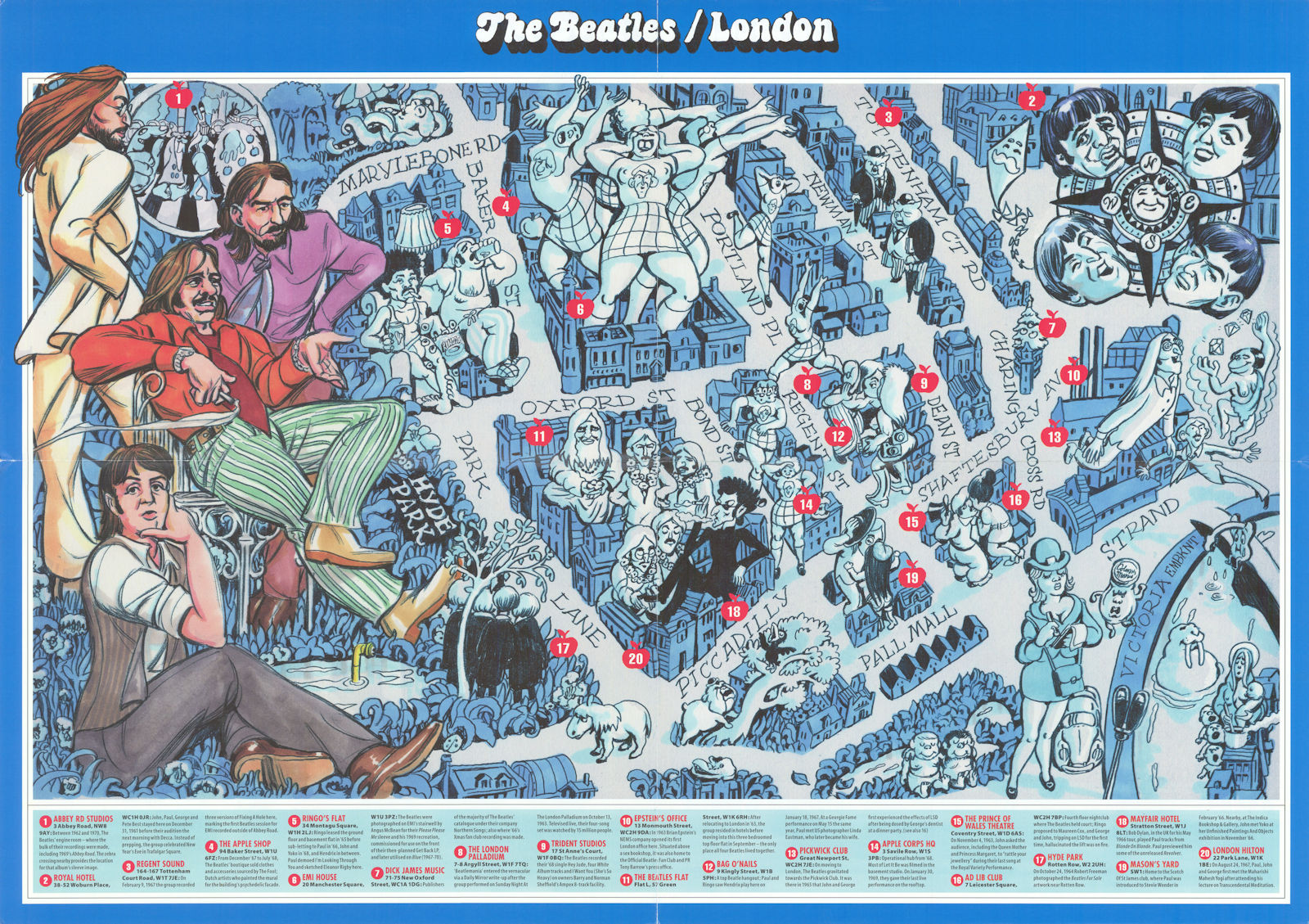 The Beatles / London pictorial city tourist map of notable venues/locations 2019