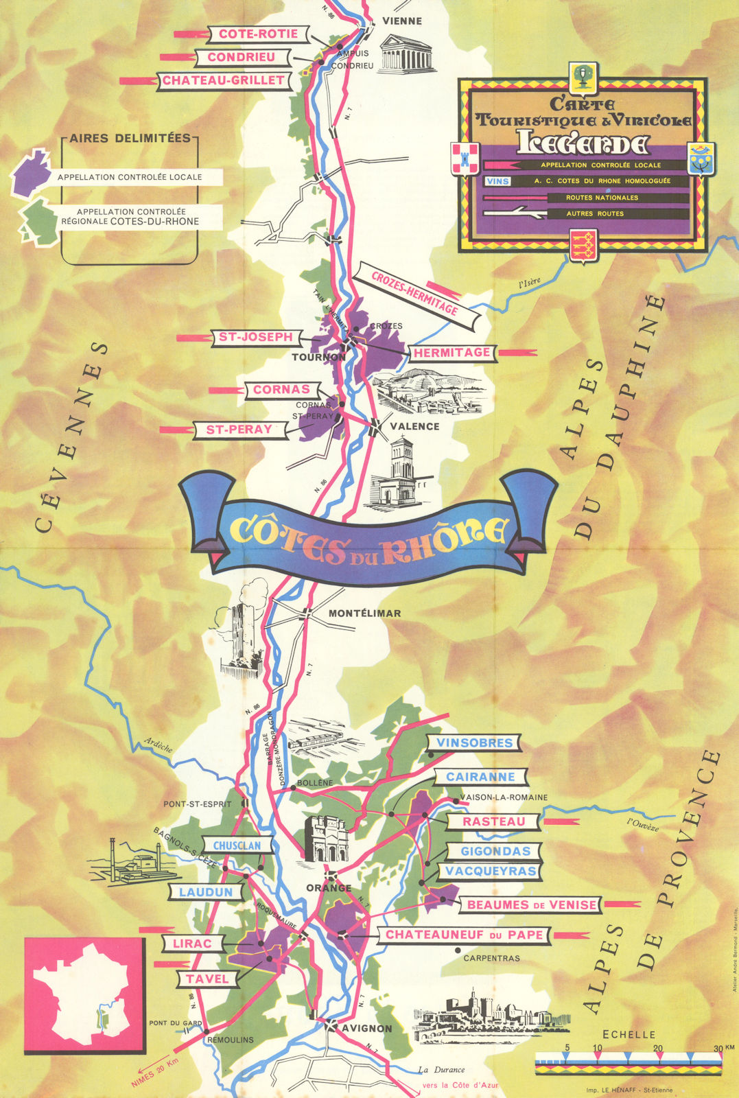 Côtes du Rhône vins du Soleil wine region colour tourism map. Appellations c1955