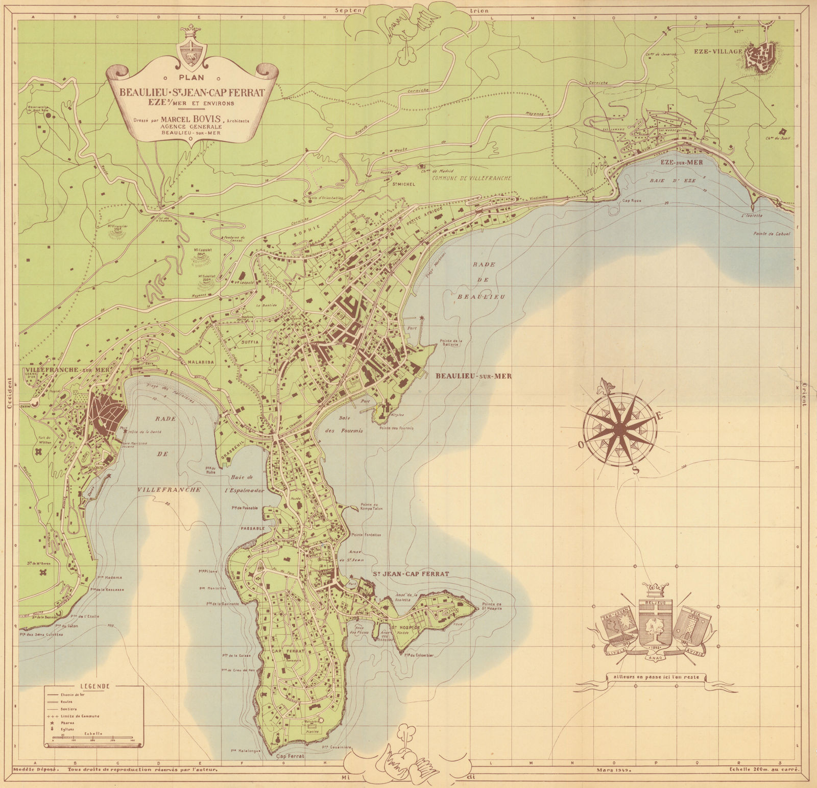 Plan Touristique de Beaulieu-sur-Mer, Saint-Jean-Cap-Ferrat & Èze 1949 old map