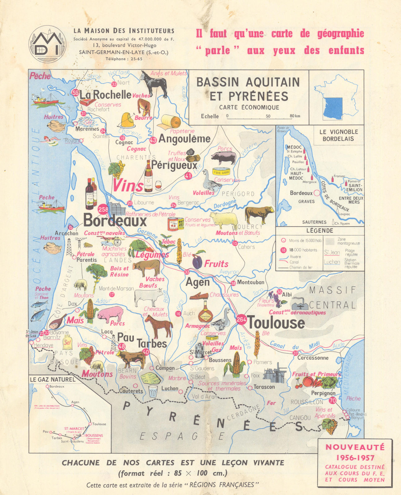 Bassin Aquitaine et Pyrénées - Carte Economique 1956 old vintage map chart