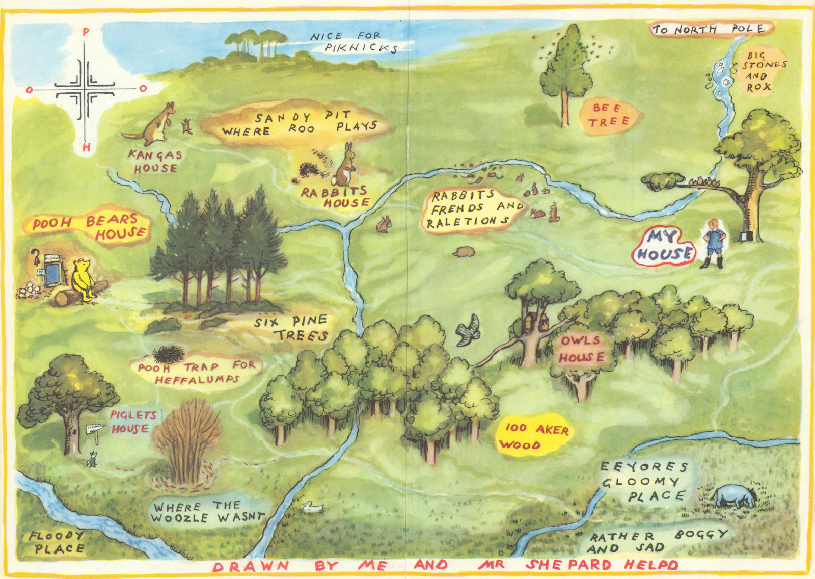 A Map of the Hundred Acre Wood in colour, by E.H. Shepard. Winnie-the-Pooh 1958