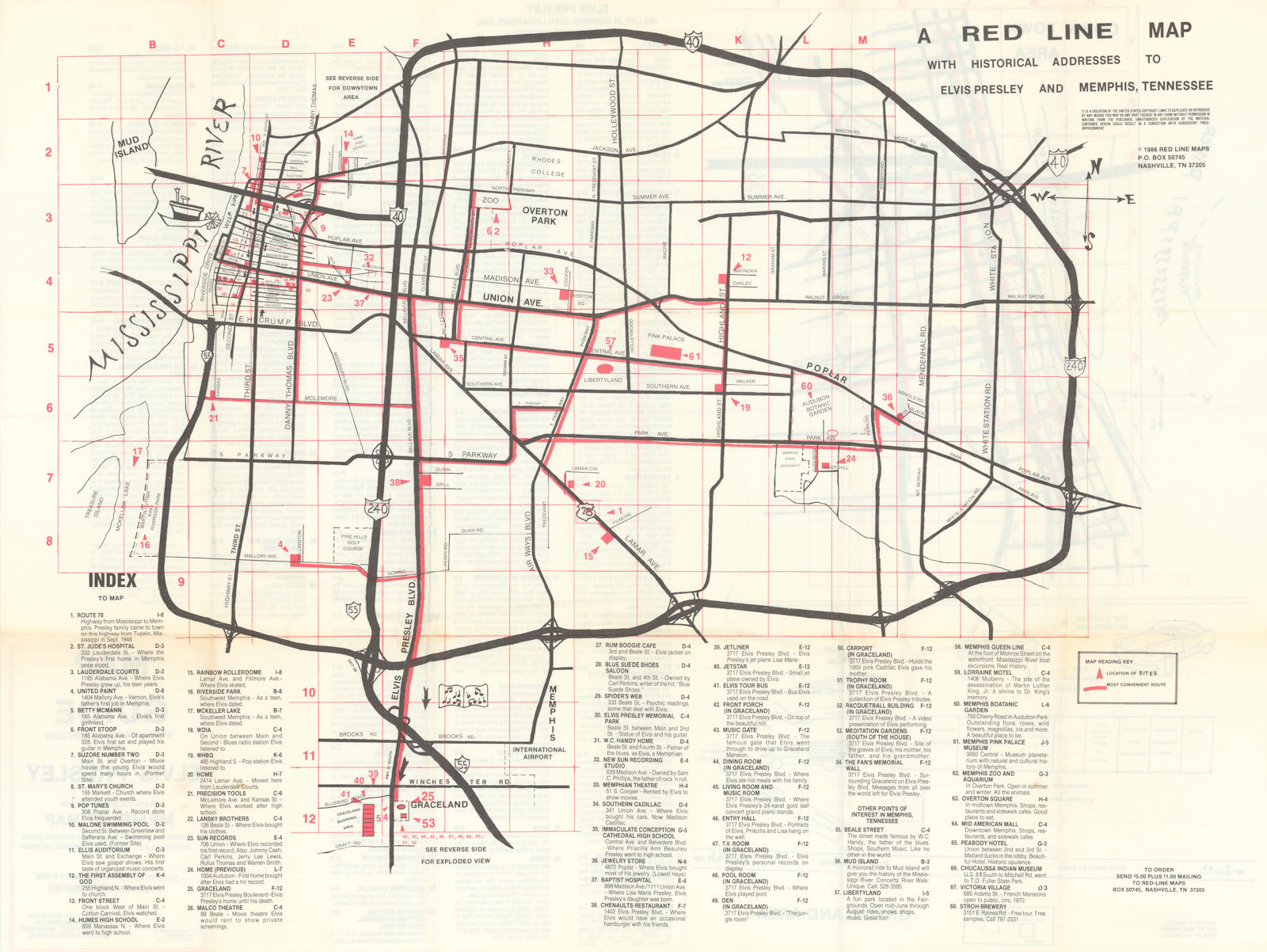 Elvis Presley fan map of Memphis by Red Line maps. Graceland &c 1986 old