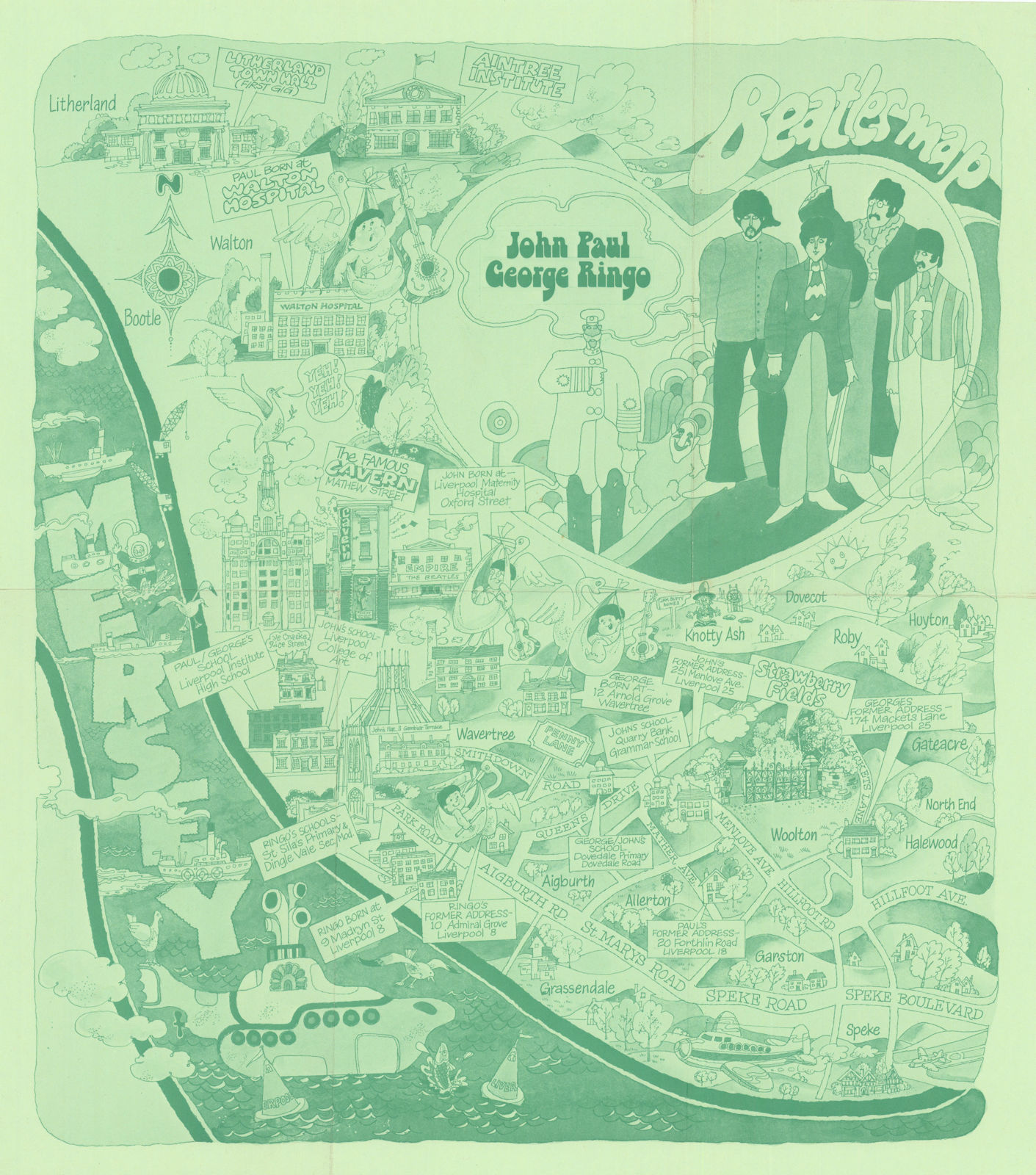 Beatles psychedelic pictorial fan Liverpool city map by McCaffrey & Sharp 1974