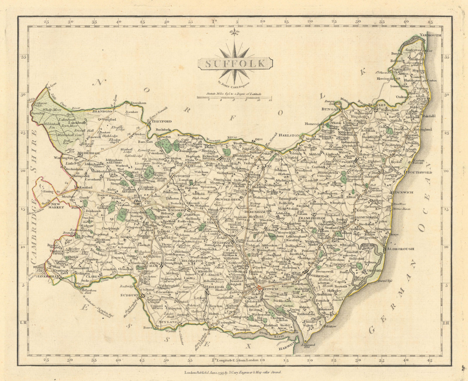 Antique county map of SUFFOLK by JOHN CARY. Original outline colour 1793