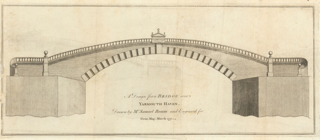 A design for a bridge over Yarmouth Haven, Nofolk 1771 old antique print