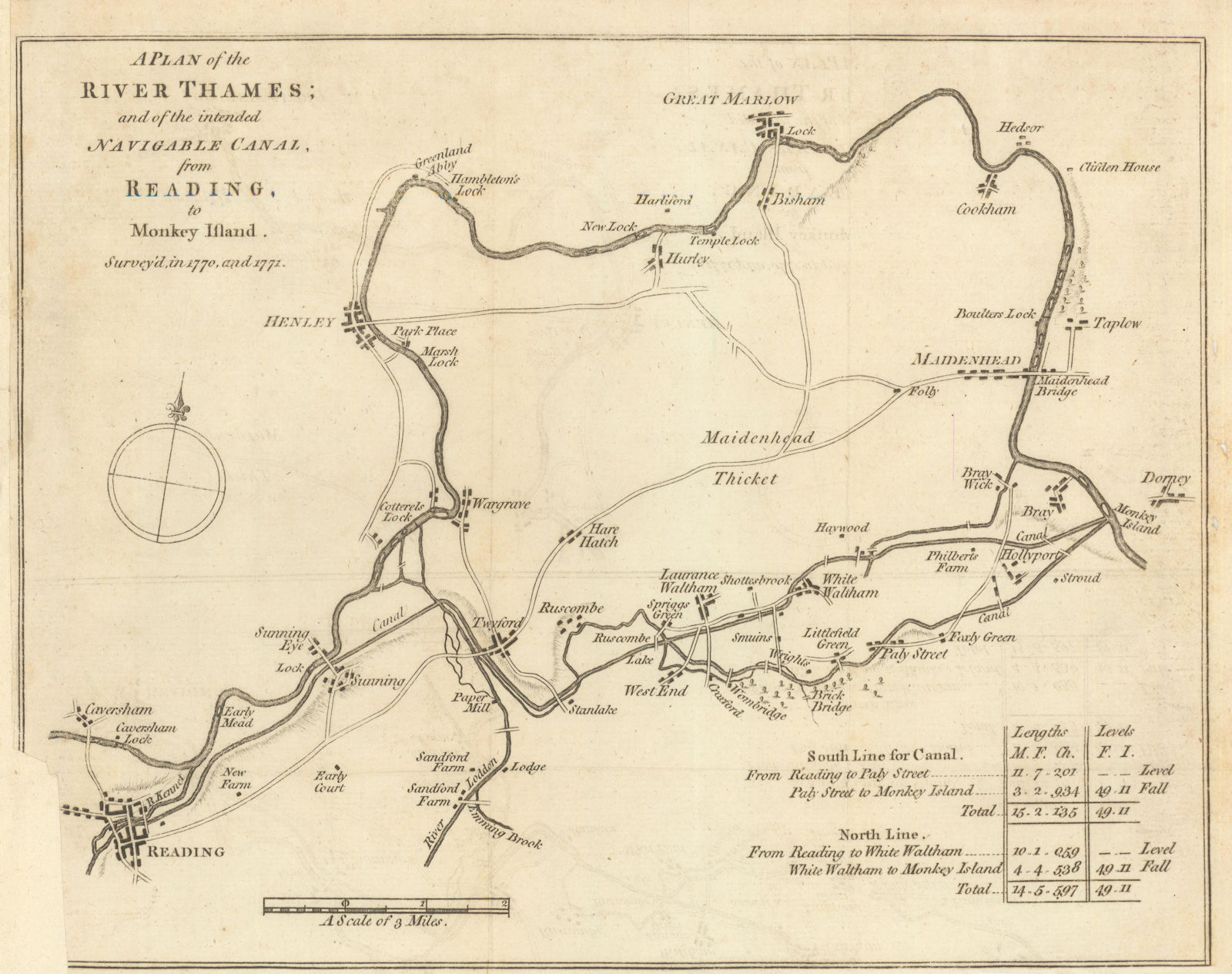 River Thames & intended canal from Reading to Monkey Island. GENTS MAG 1771 map