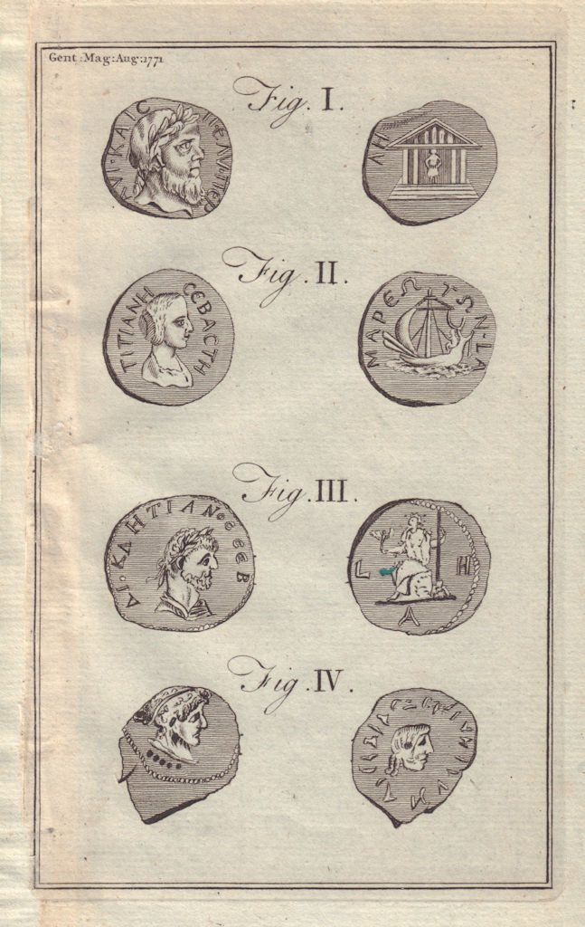 18th century print of Greek coins and medals 1771 old antique picture