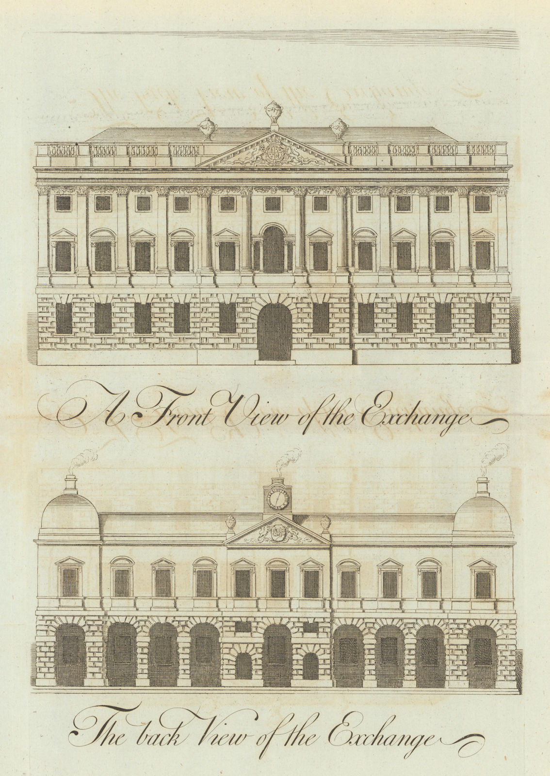 Front & back view of the Exchange, Bristol 1789 old antique print picture