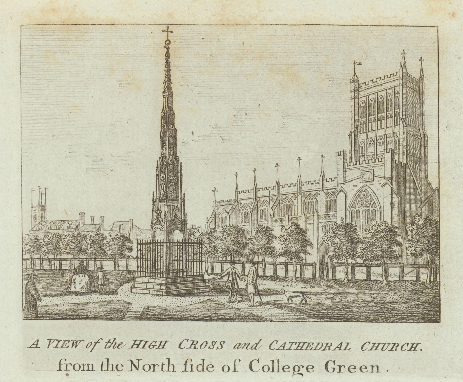 A View of the High Cross & Cathedral Church from College Green 1789 old print