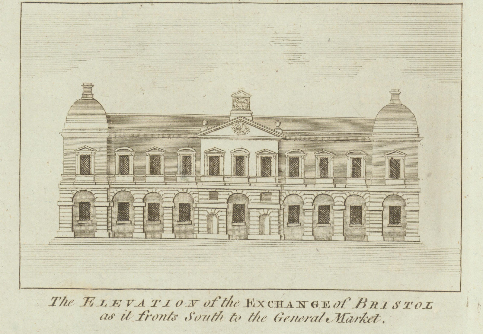 The Bristol Exchange as it fronts south to the General Market 1789 old print