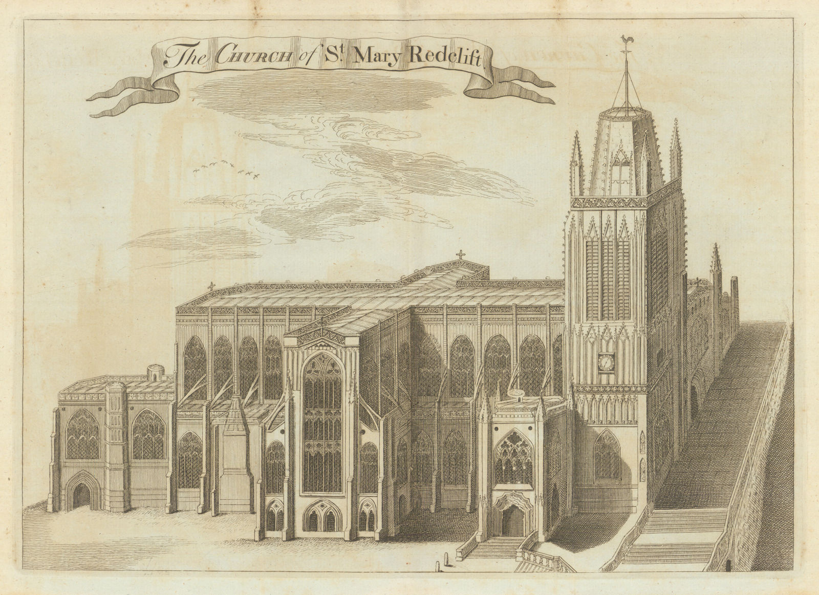 The Church of St. Mary Redclift / Redcliffe, Bristol 1789 old antique print