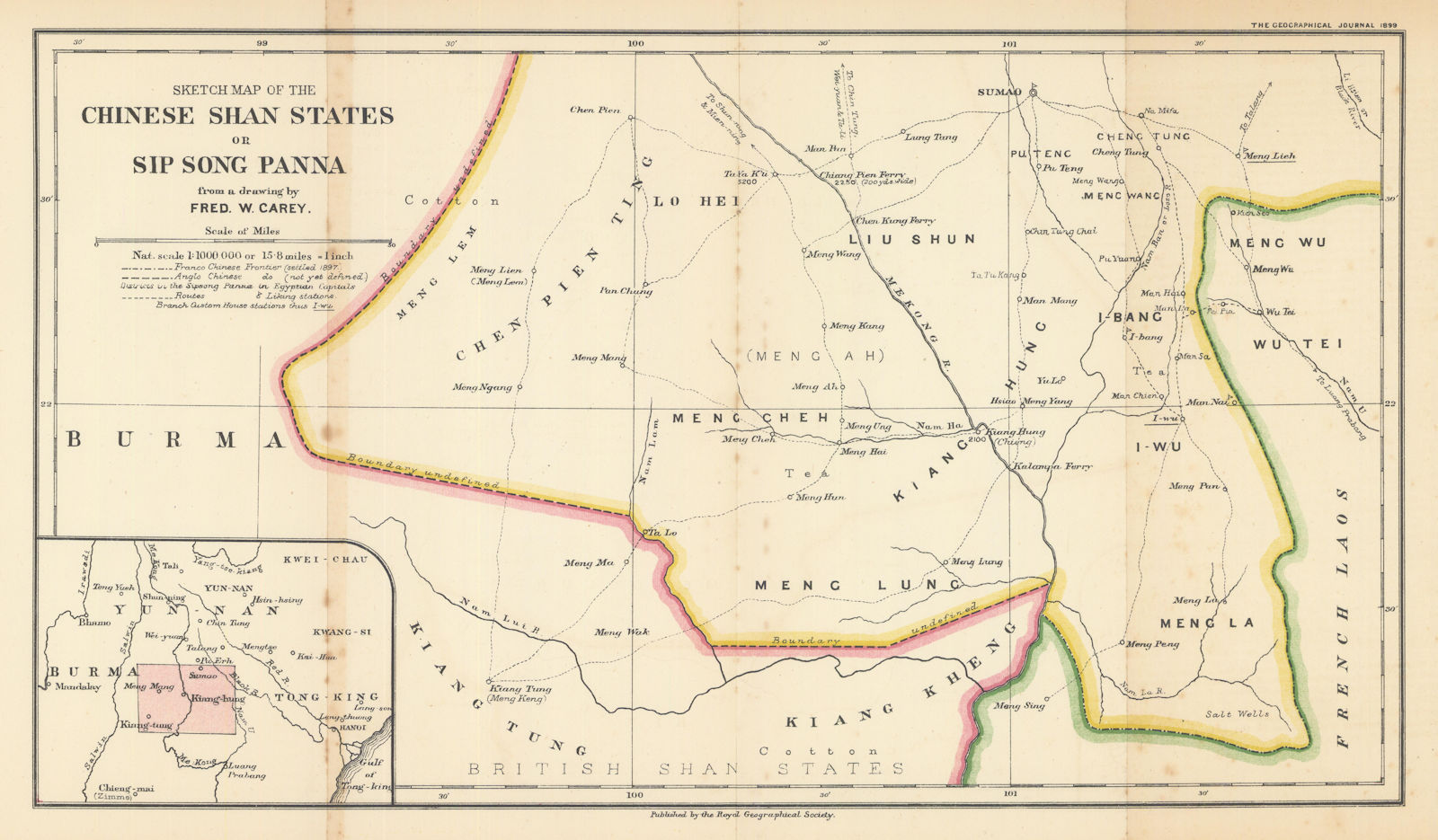 The Chinese Shan States or Sip Song Panna. China Myanmar RGS/Fred Carey 1899 map