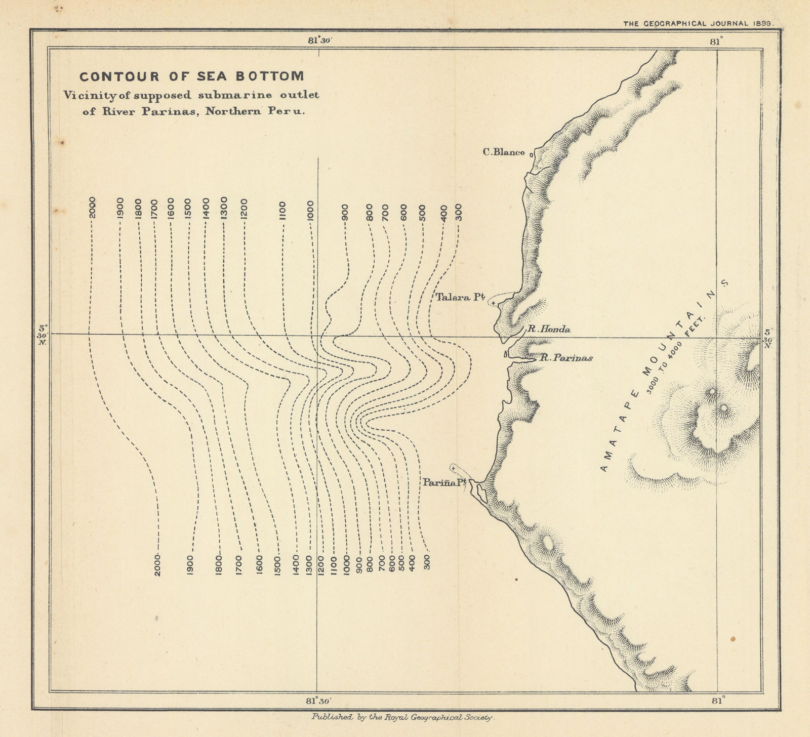 Sea bottom near supposed submarine River Pariñas outlet, North Peru RGS 1899 map