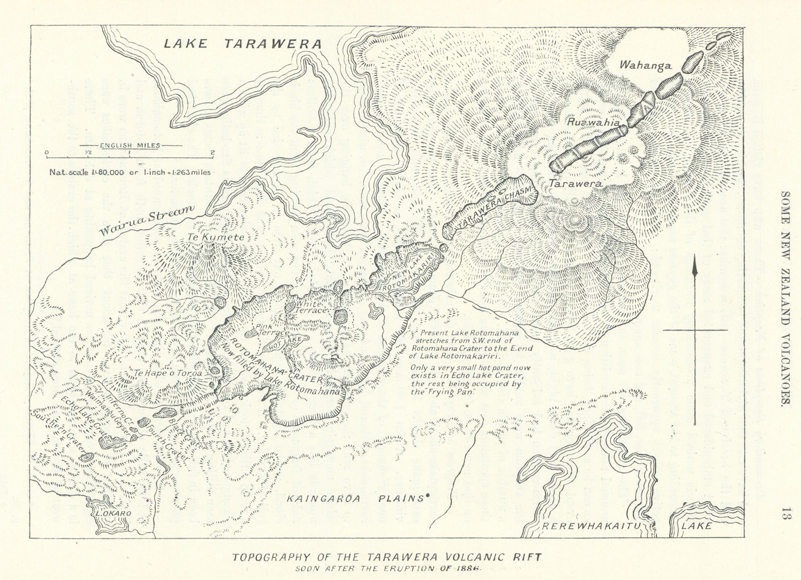 Tarawera Volcanic Rift topography after 1886 eruption. New Zealand. RGS 1912 map