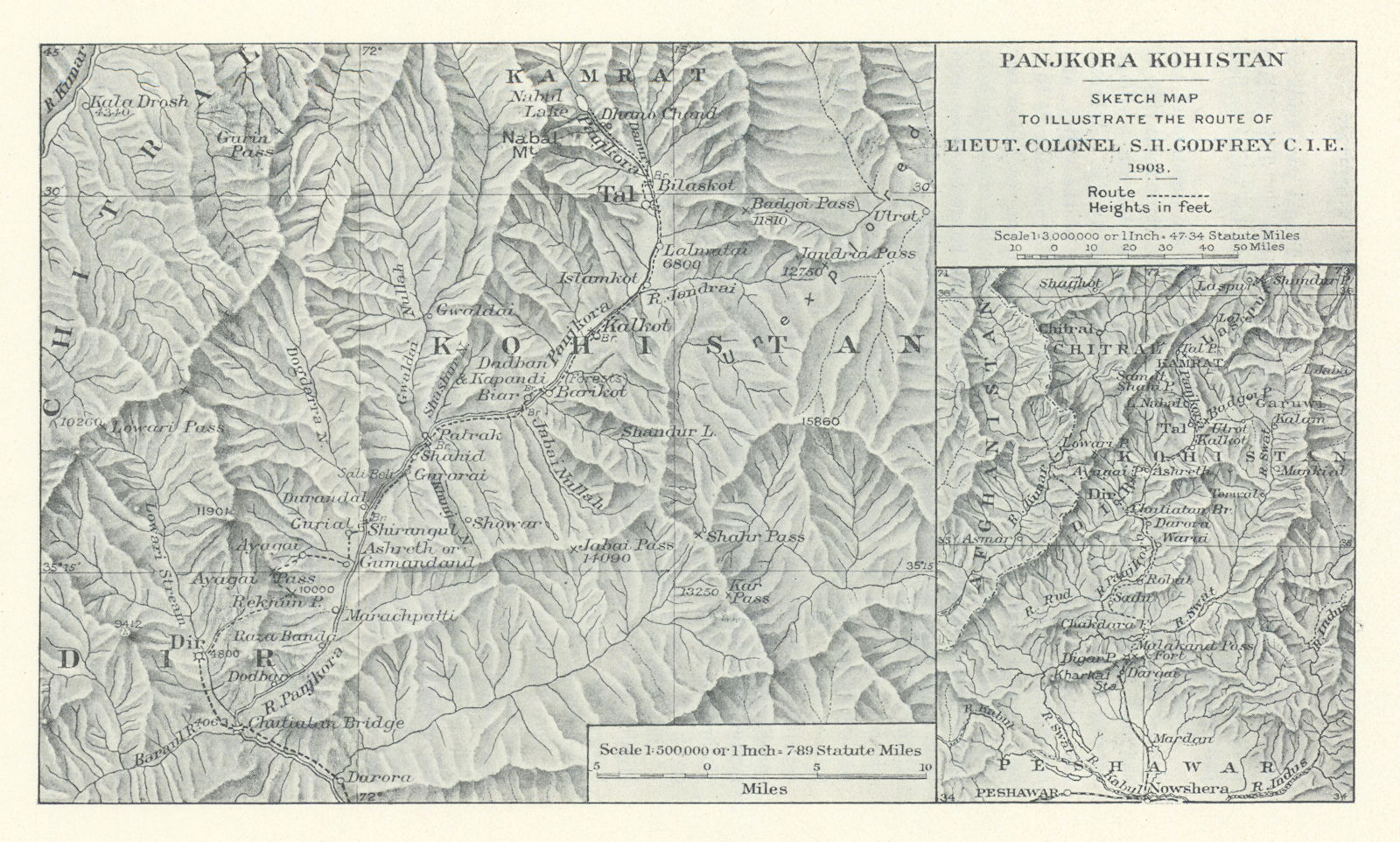 Panjkora Kohistan. Lt. Col. S.H. Godfrey's 1908 route. Pakistan. RGS 1912 map