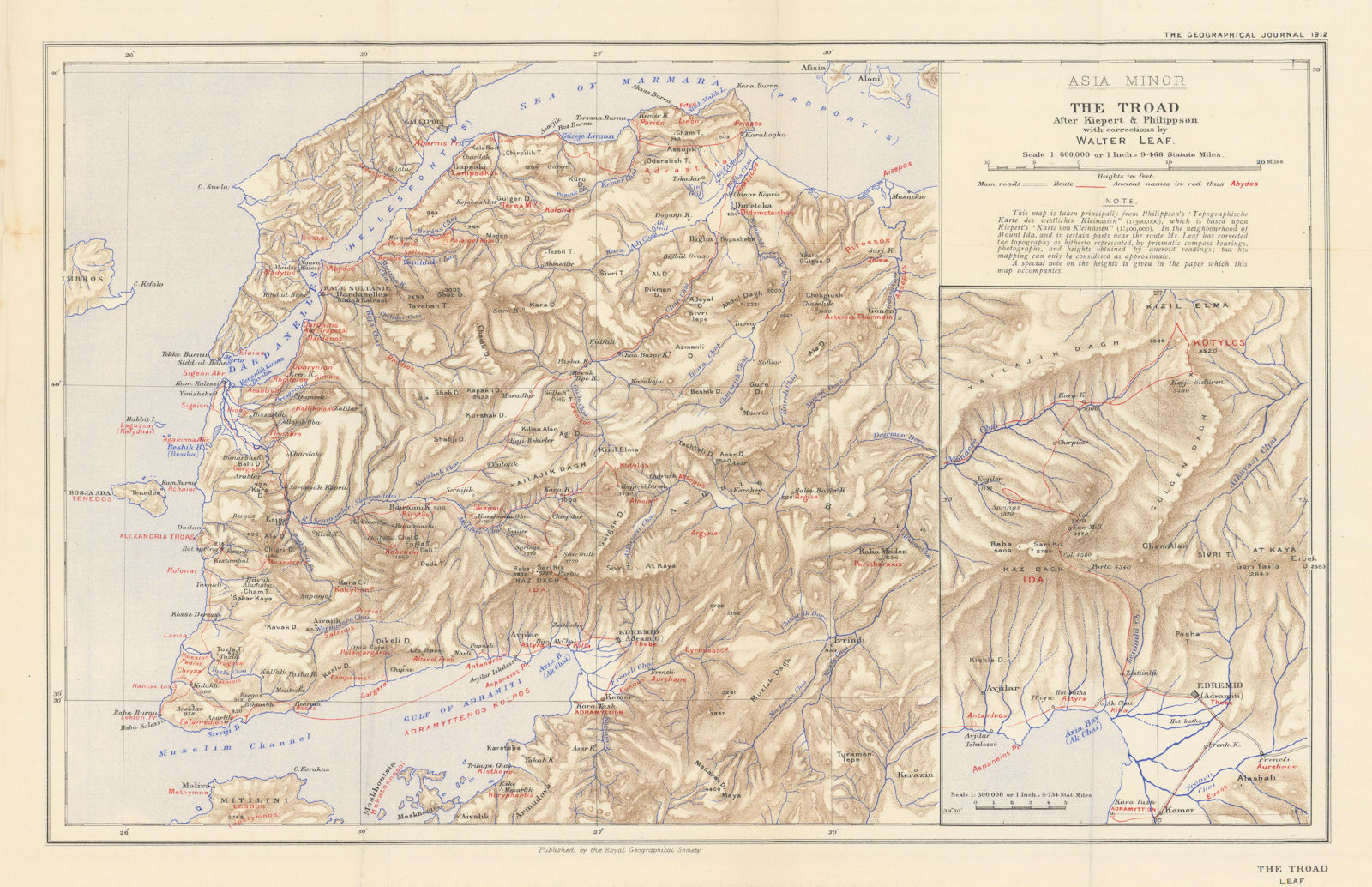 The Troad, Asia Minor. Ancient placenames. Kiepert/Philippson/Leaf/RGS 1912 map