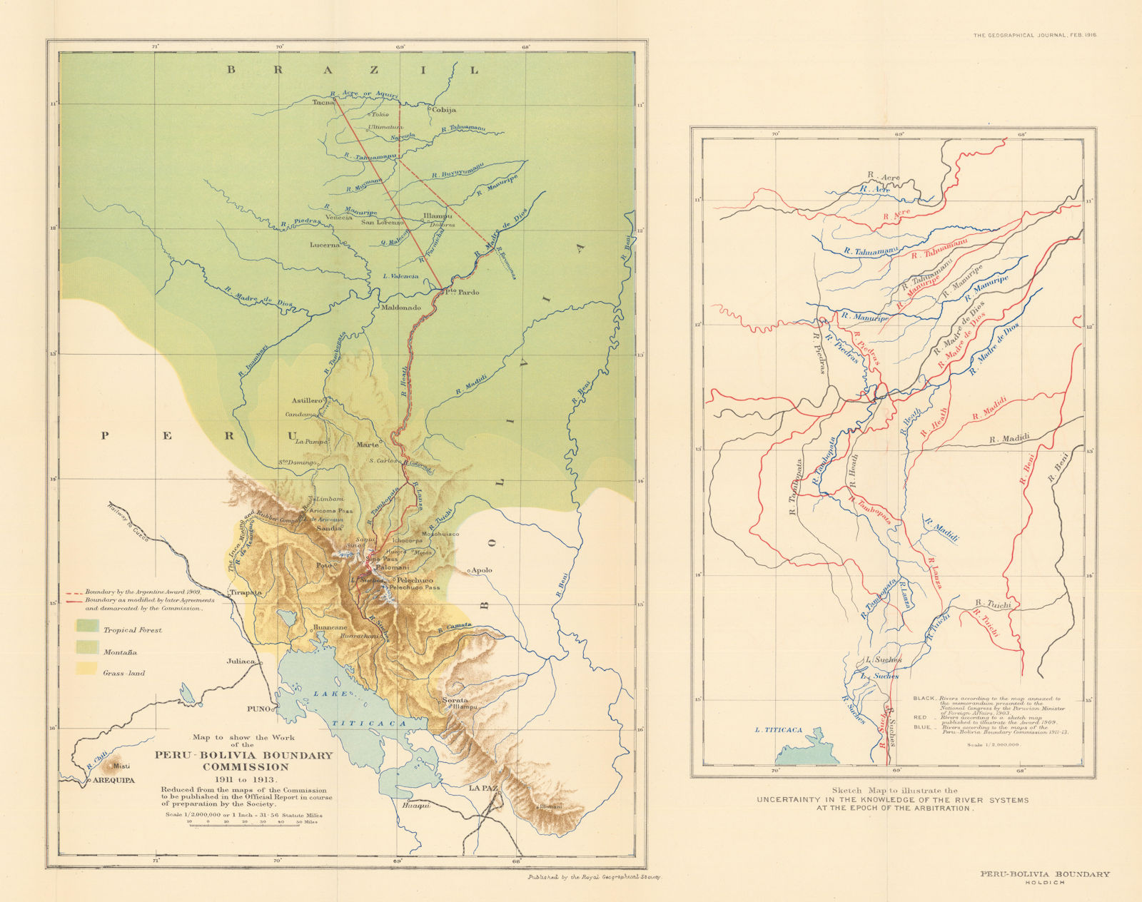 Peru-Bolivia Boundary Commission 1911 to 1913. RGS/Colonel T.H. Holdich 1916 map
