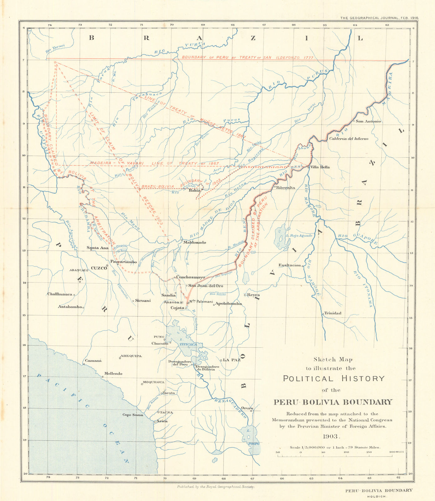 Political history of the Peru-Bolivia Boundary. RGS/Col. T.H. Holdich 1916 map