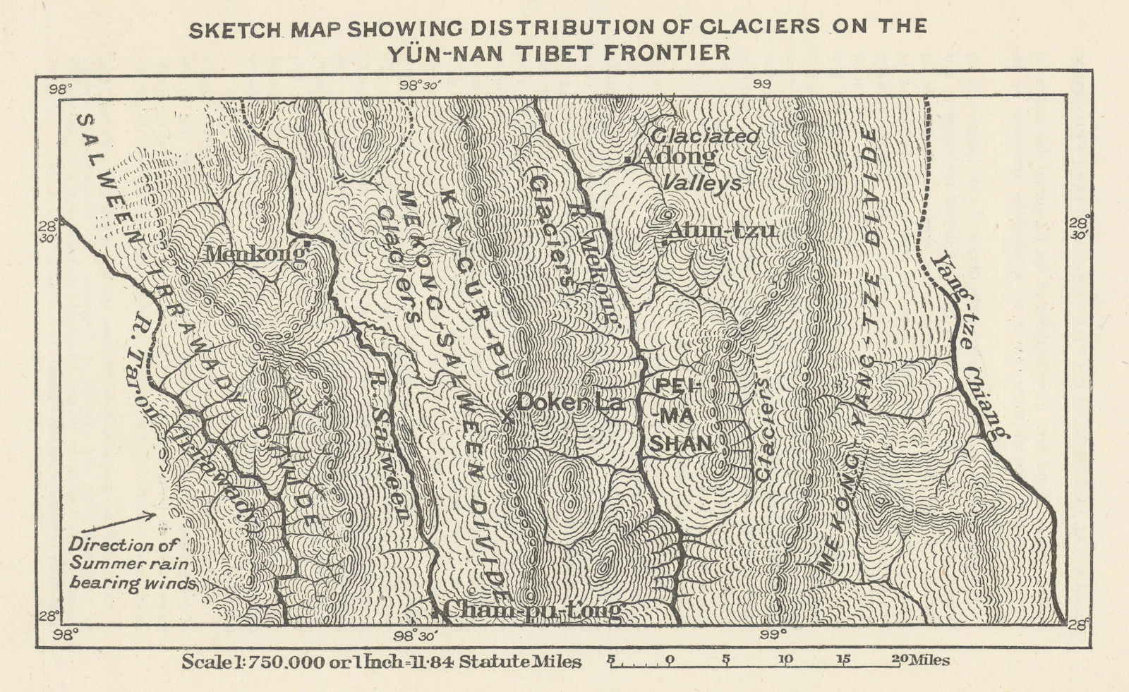 Glacier distribution on the Yunnan-Tibet frontier. China. RGS 1916 old map