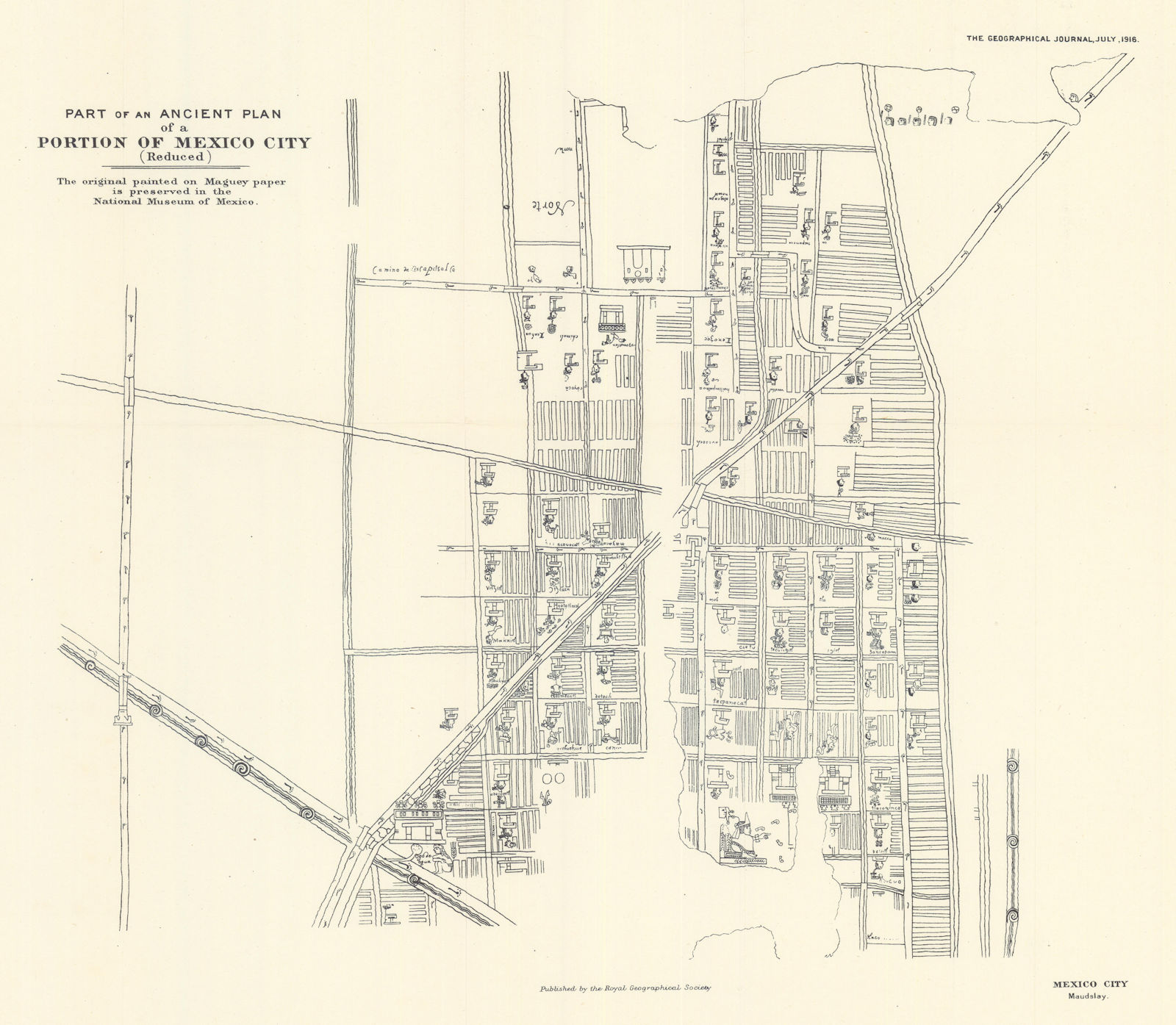 Plano en Papel de Maguey, Tenochtitlan. Mexico City. RGS/Maudsley 1916 old map