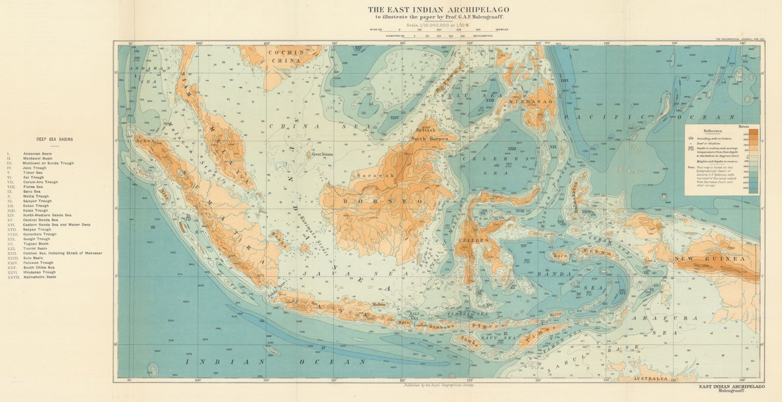 The East Indian Archipelago to illustrate the paper by Molengraaff. RGS 1921 map