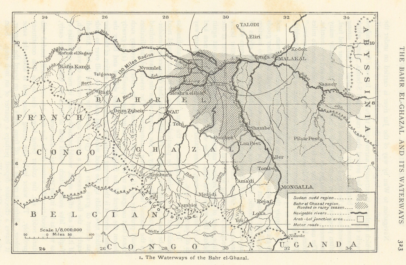 The waterways of the Bahr el-Ghazal. Central Africa / South Sudan. RGS 1923 map